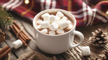 Hot chocolate topped with marshmallows in a white ceramic mug