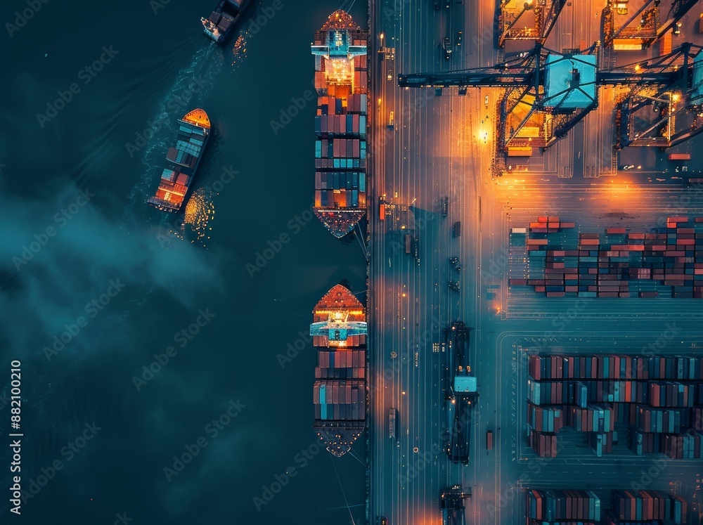 Poster nighttime view of an international port with a crane loading containers.