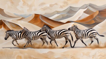 Group of zebras on the move, their striped patterns blending into an artistic display of migration, set against an African landscape