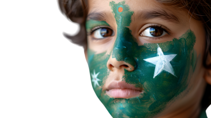 Kid with Pakistani flag painted on his face, Pakistan Independence Day celebration, patriotic child, national pride and joy, png file, isolated on white