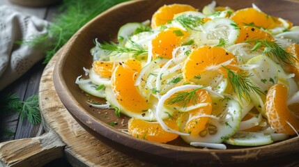 Traditional Sicilian Italian salad with fennel and tangerine on a wooden plate