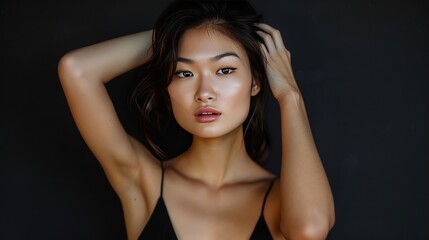 A stylish Asian woman with a great figure and flawless skin poses in a chic black dress, embodying the ideals of beauty,