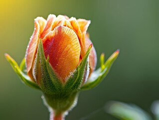 Close-up of a single orange rosebud with green leaves and a blurred background.