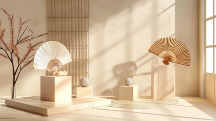 Elegant fashion mockup with dual cube podiums and Asian paper fans for cosmetic product display