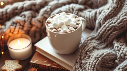 Cup of hot cocoa topped with marshmallows, set on a table with a stack of books