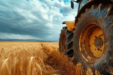 Agricultural Machinery: Close-Up of Yellow Tractor on Cloudy Day