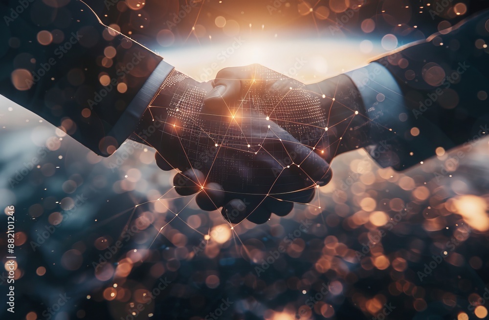 Poster conceptual design of a business handshake with effect world map with network link connection and gra