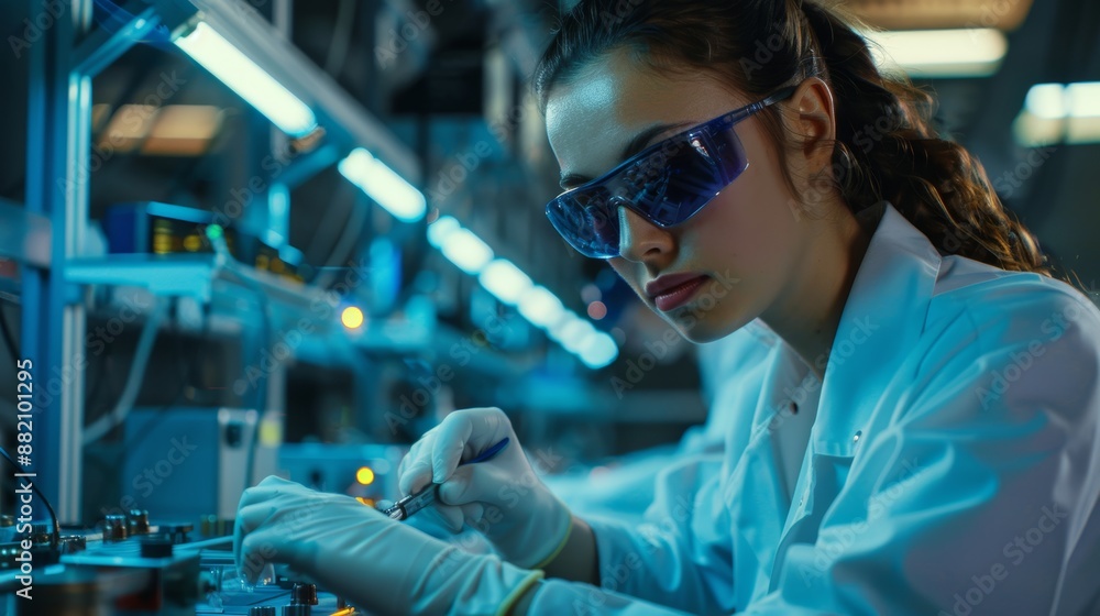 Poster a high-tech factory worker assembles circuit boards by hand on the assembly line. shot of a high-tec
