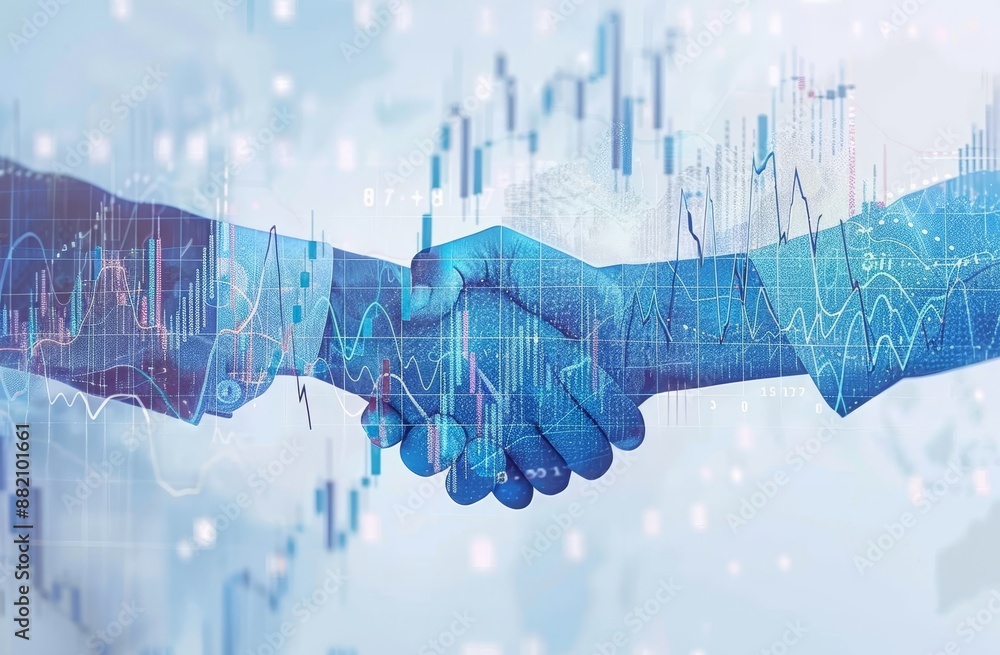 Poster an old-fashioned businessman shaking hands with a global network connection and a graph chart of the