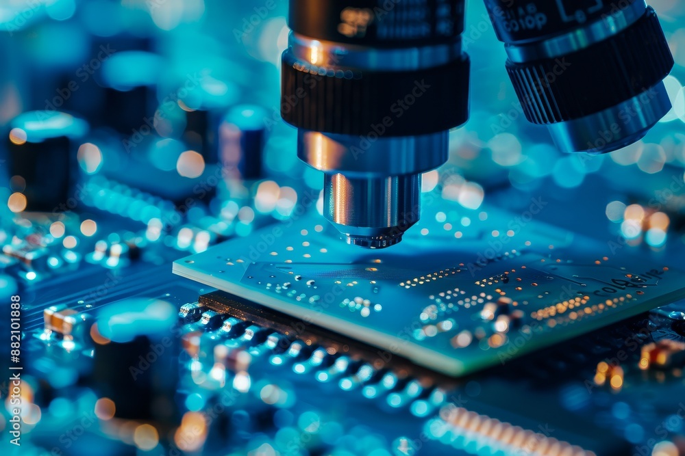 Poster miniature electronic components assembly machine. high-precision production machine for printed circ