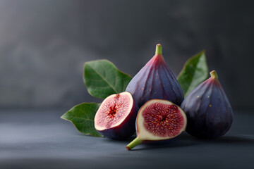 Close-up of fresh Korean figs with deep purple skin and intricate red interiors, against a blurred background of more figs.