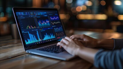 A person working on a laptop with multiple graph windows open, showcasing data analysis.