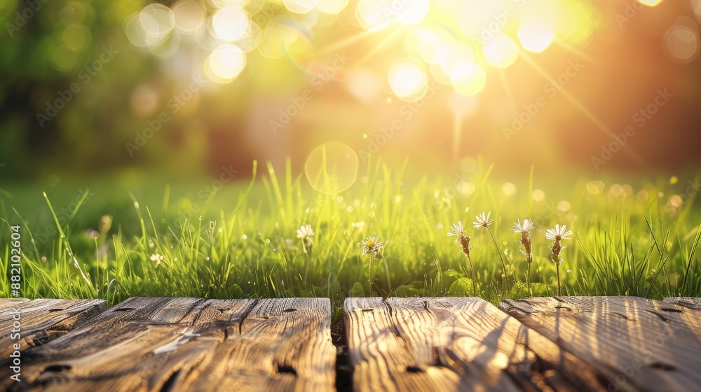 Poster grass and empty wooden table in nature morning outside with bokeh and sunlight in spring.
