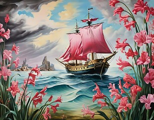 a dreamlike scene of a sailboat and flowers