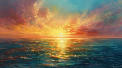 Obraz premium As the sun meets the horizon, the sea glistens with warm, vibrant colors.