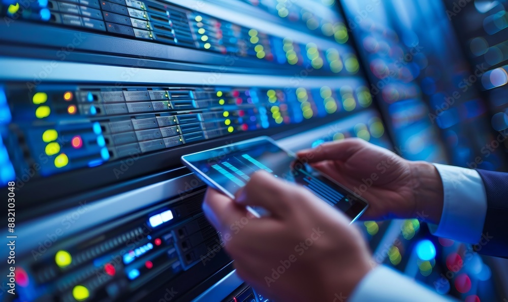 Poster businessman using tablet computer and server room background