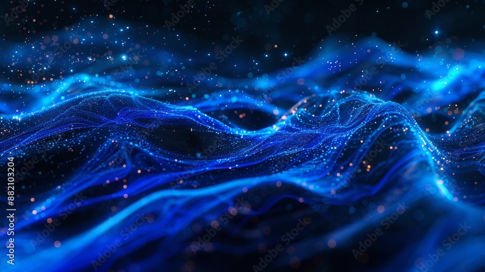 Poster conceptualized digital particles in blue color with wave flow and lighting. technology abstract back