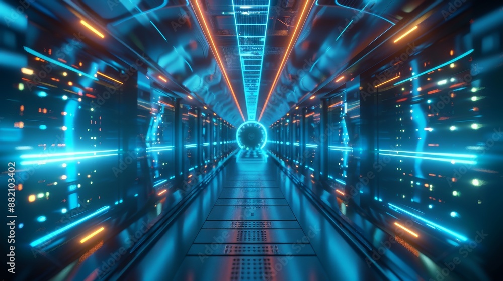 Poster in the server room of a data center or internet service provider, digital information flows through 