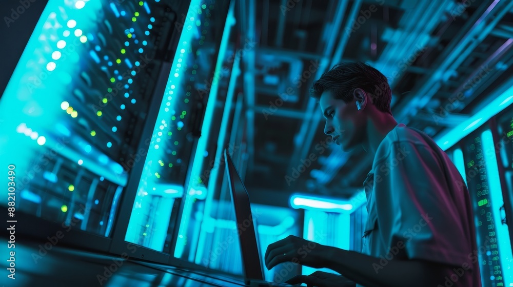 Poster asian it specialist with laptop in a data center filled with rack servers. blue neon projection proj