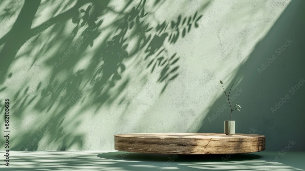 Poster the 3d wooden podium display has a leaf shadow and is on a green copy space background. this render 