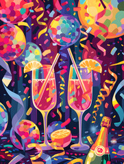 2D illustrated New Year card in a cute graphic style