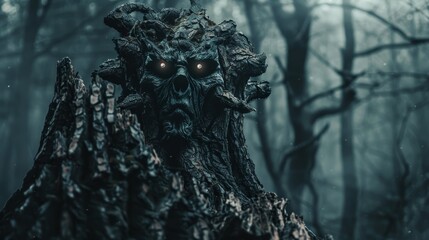 Sinister halloween tree monster in surreal forest setting with copy space available