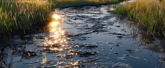Obraz premium Oil spill in a canal, highlighting environmental concerns