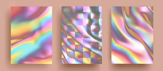 Three panels with colorful, iridescent textures, the middle one featuring a distorted checkered pattern