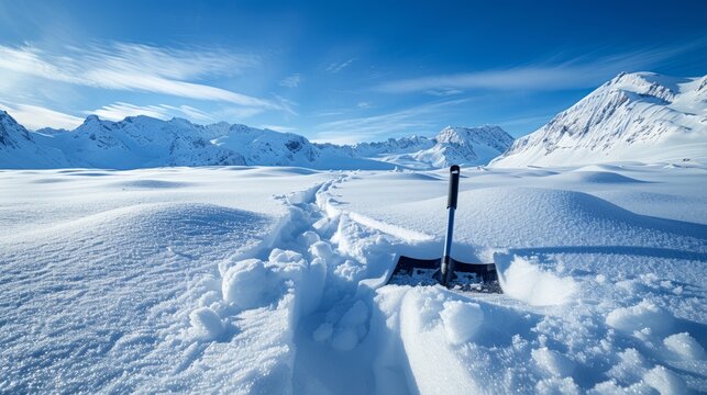 Shovel in the snow on a sunny winter day