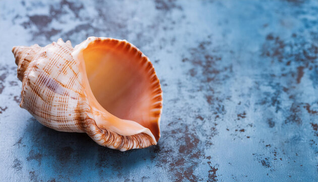 Conch shell on empty textured blue backdrop. Top view.