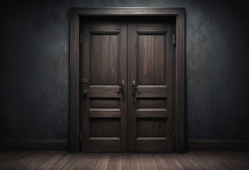 A frontal view of a dark room with an old wooden door, dark and mysterious atmosphere