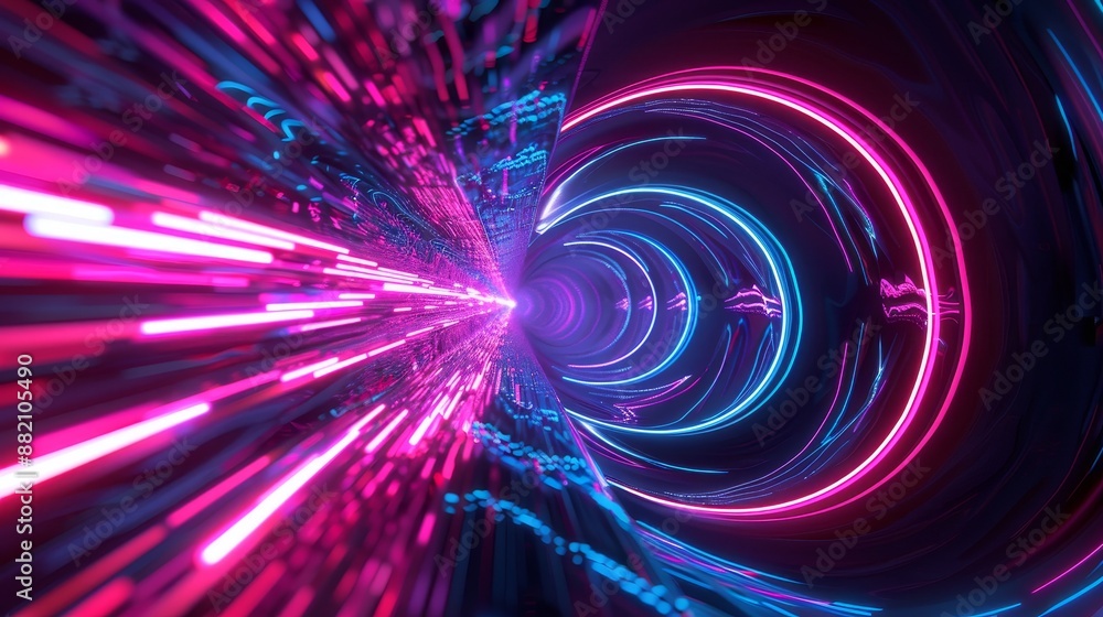 Poster an abstract neon background with colorful glowing lines. digital data transfer. a futuristic wallpap