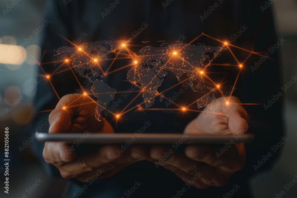 Poster the network man is holding a 3d rendering data globe of the planet