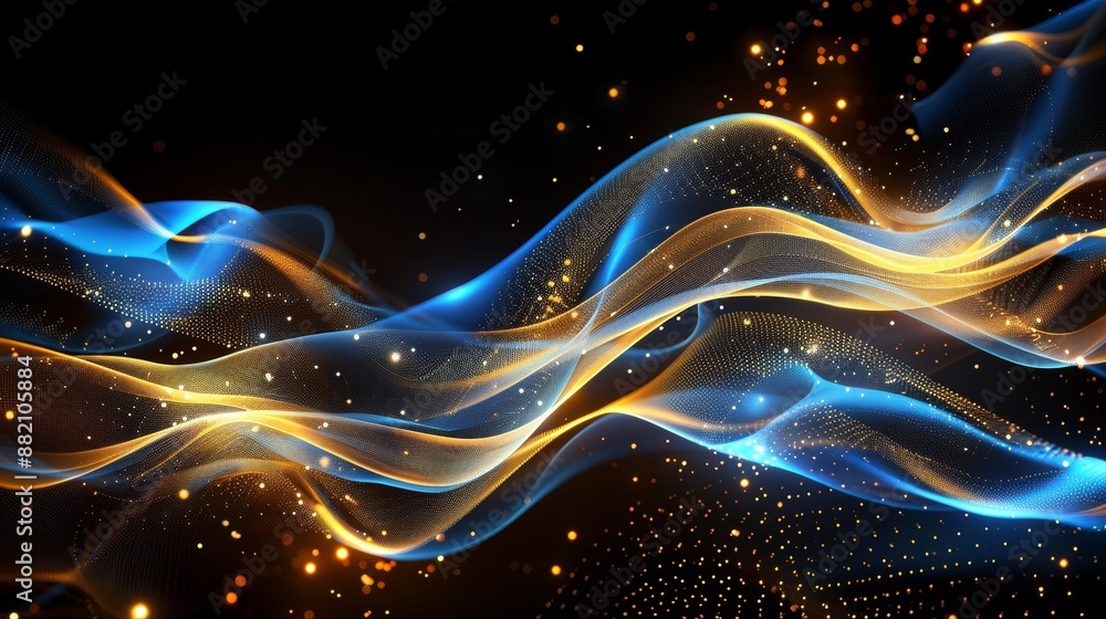 Poster stunning abstract futuristic background with gold and blue glow neon moving high-speed wave lines an