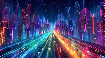 Digital illustration of a futuristic city highway illuminated by colorful car lights, converging towards a towering city skyline dotted with illuminated buildings against a starry night sky.