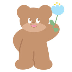 Illustration of teddy bear holding flowers for cartoon character, comic, mascot, animal, sticker, standee, Valentine card, cute patches, brooch, plush toy, kid doll, zoo, souvenir shop, spring, summer