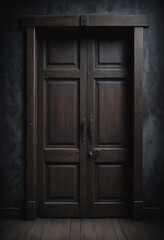 A frontal view of a dark room with an old wooden door, dark and mysterious atmosphere
