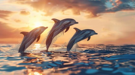 Fototapeta premium A pod of dolphins jumping gracefully out of the water in perfect synchronization against a sunset sky.