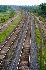 Railway Tracks Through Green Landscape, railroad tracks in the forest, railway track India, top view railway tracks stock images 