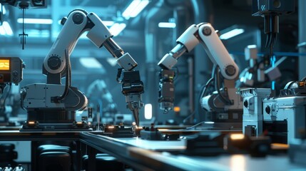 Fototapeta premium Experience cutting-edge automation in our industrial factory, where robots streamline production processes