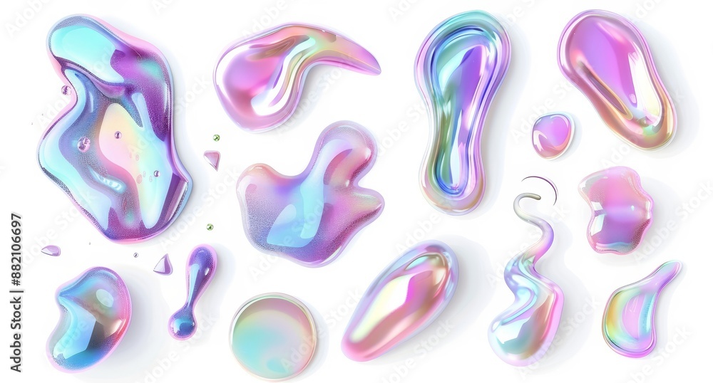 Poster modern iridescent design elements, glass gradient 3d organic shapes set, abstract liquid 3d renderin