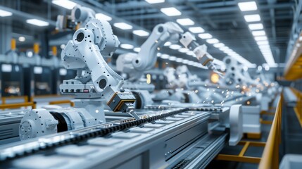 Experience the future of manufacturing in our industrial factory, where robots ensure high efficiency and precision in every production process. --ar 16:9 Job ID: c5f26fdd-1ab0-4945-bd0e-4041f1fd459d