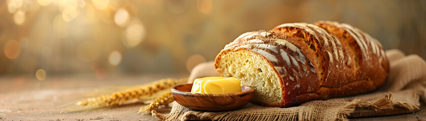 Photo Realistic Individual Blended with Bread and Butter Symbolizing Thanksgiving Tradition, Copy Space for Text   Photo Stock Concept