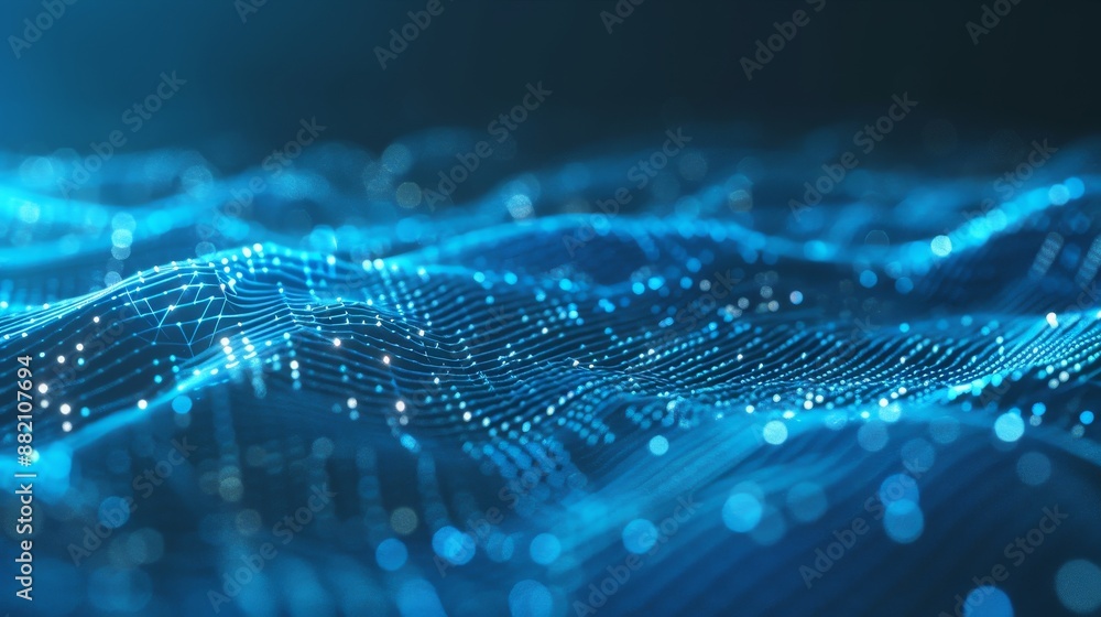 Poster an abstract background with a dynamic network grid and vibrant particles connected by light beams, r