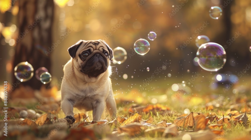 Poster a pug chasing bubbles blown by its owner, with eyes fixed on the floating spheres in delight.