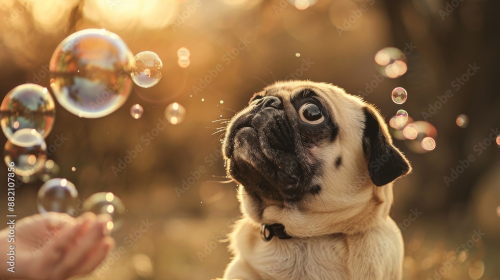 Poster a pug chasing bubbles blown by its owner, with eyes fixed on the floating spheres in delight.