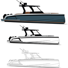 Boat vector, Fishing boat vector, Motorboat vector line art illustration, and one color.	