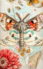 Close-up of a colorful moth with intricate details, surrounded by delicate flowers.