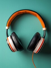 Modern headphones with orange, black, and white details resting on a vibrant green surface