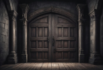 A frontal view of a dark room with an old wooden door, dark and mysterious atmosphere, ancient gothic castle